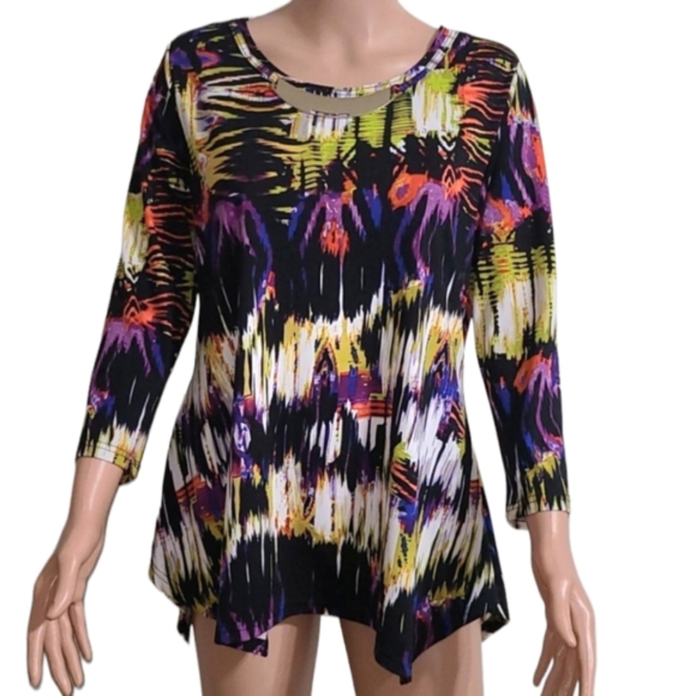Russell Kemp NY  Women's TOP Asymmetrical 3/4 sleeve abstract multicolored Sz‎ S